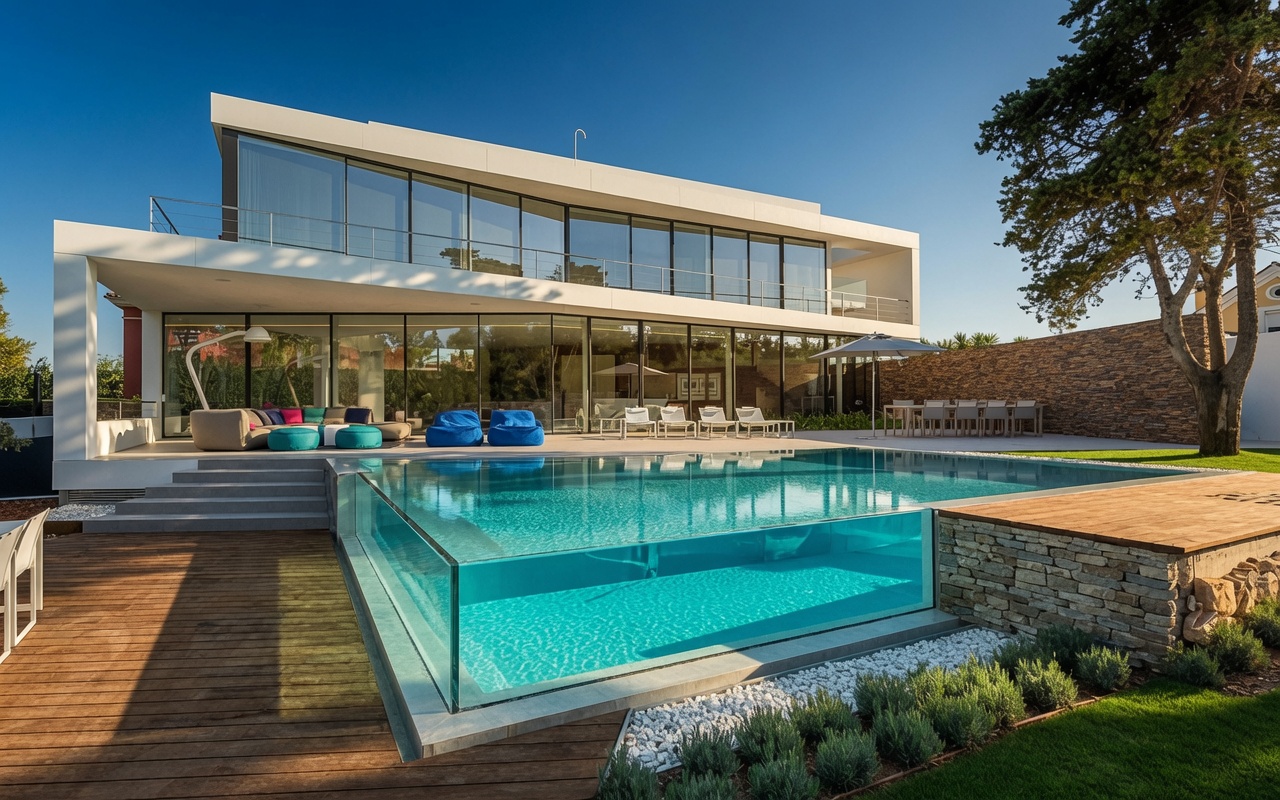 Pool with structural acrylic glass wall, modern villa