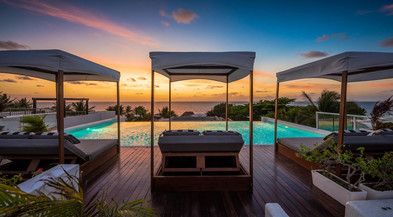 Compact pool terrace with cabanas at sunset