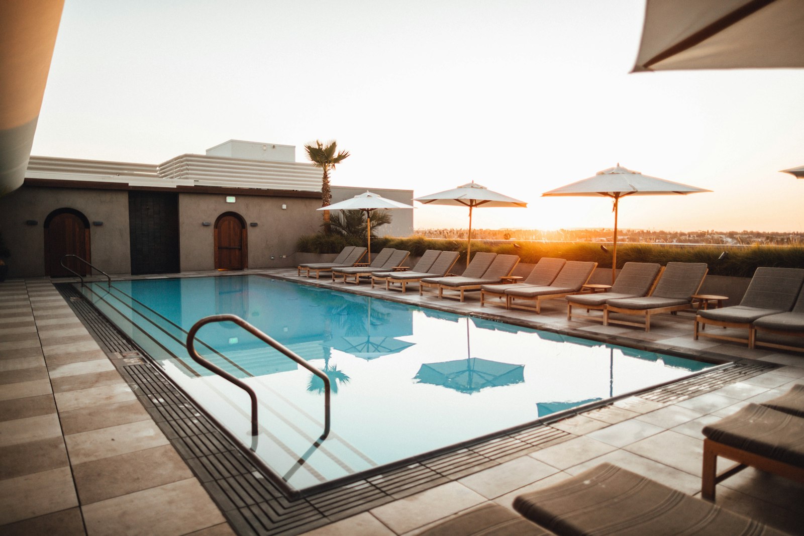 Elevated pool deck at sunset