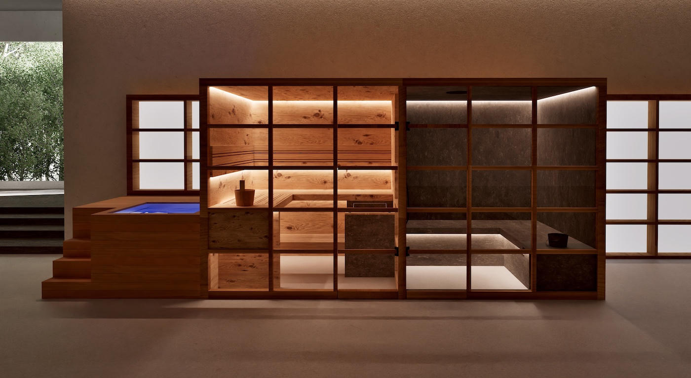 Combined sauna, steam room and plunge pool in dark timber