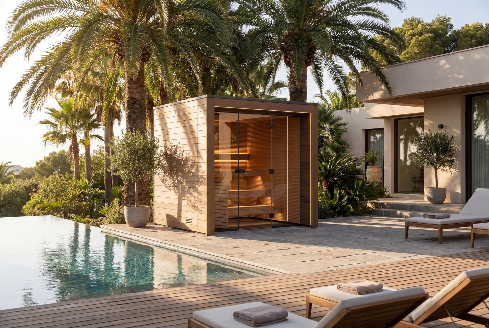 Outdoor cedar sauna beside the pool