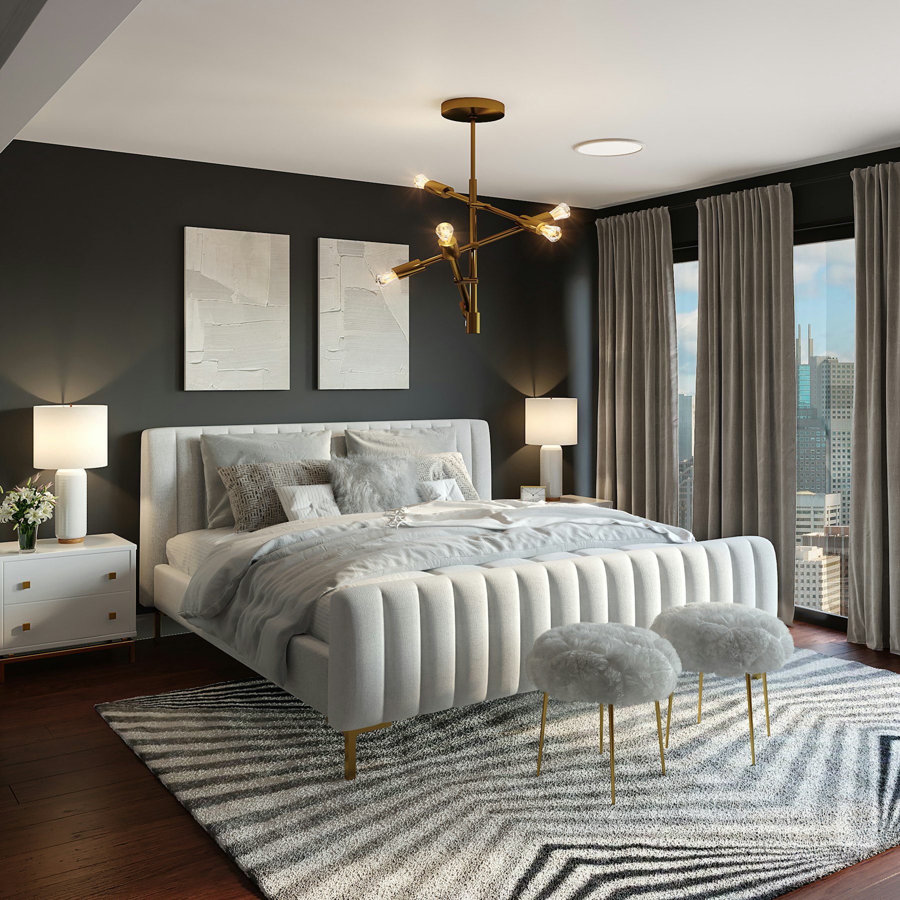 Luxury master bedroom at night, warm intelligent lighting