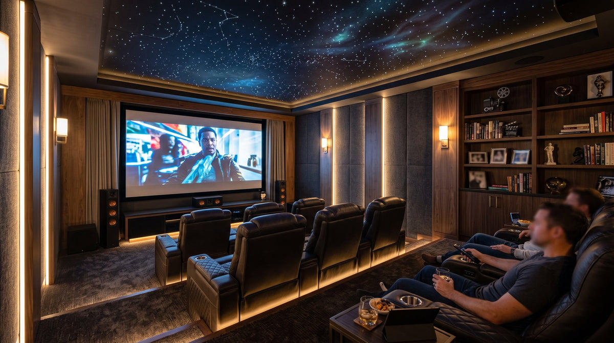 Private home cinema with star ceiling and leather recliners