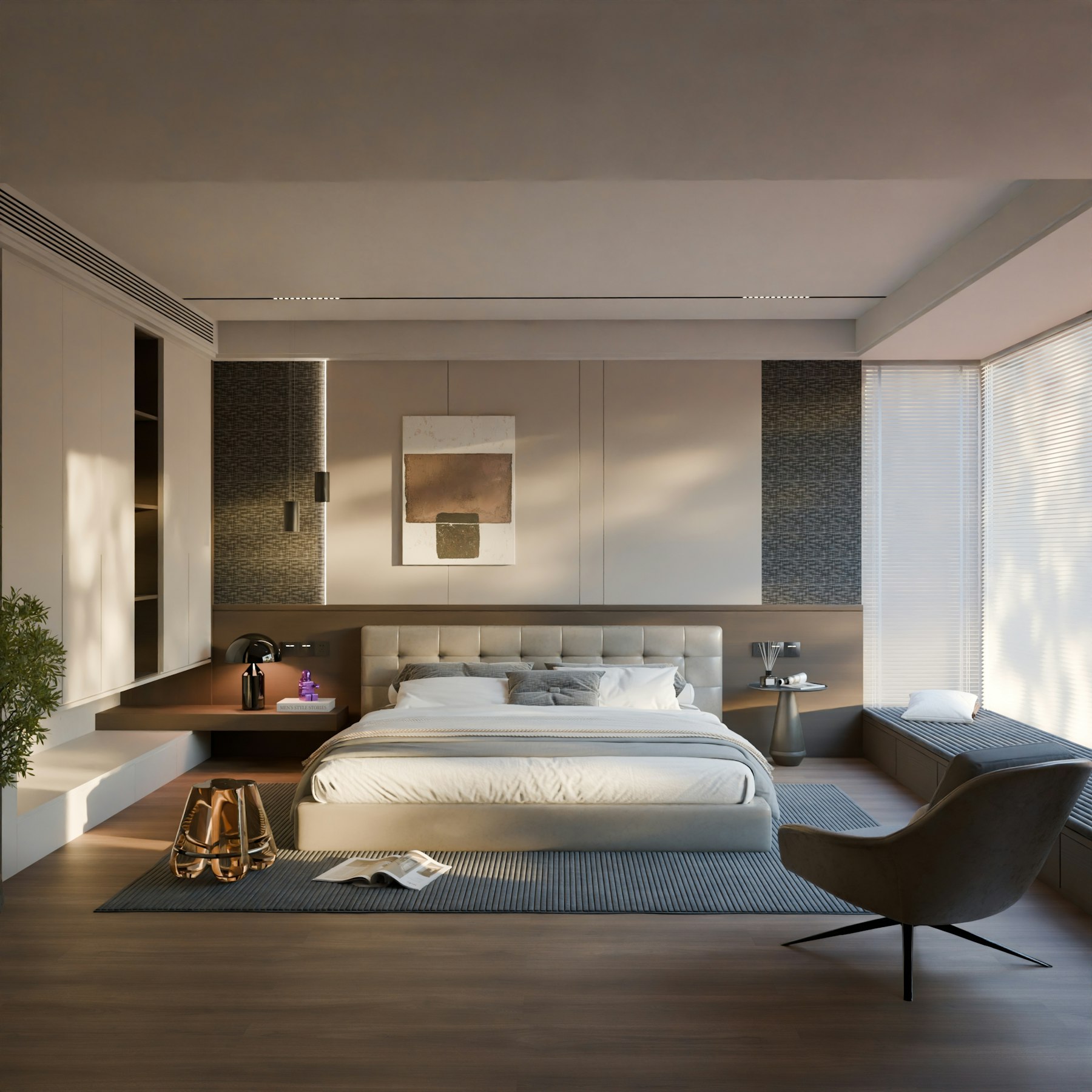 Bedroom with venetian blinds filtering golden light