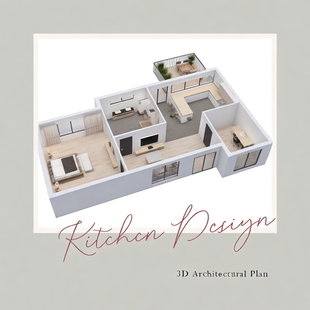 3D Architectural Floor Plan for Modern Apartment Kitchen Design Overhead 3D architectural floor plan visualization of a modern one-bedroom apartment layout, highlighting the kitchen design and space planning service.