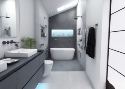Narrow contemporary bathroom renovation with a large floating black vanity, backlit mirror, white flooring, and modern wall-mounted faucet, emphasizing luxury design.