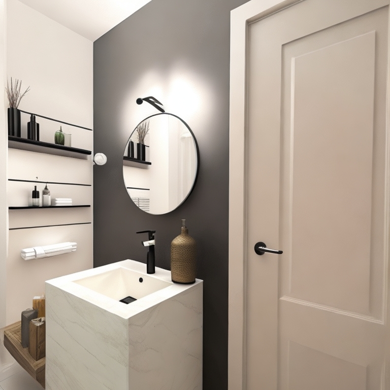 A stylish, contemporary powder room featuring a square floating sink with a marble-like finish and a matte black faucet. Above the sink is a round mirror with a single wall-mounted light fixture. The left wall is adorned with three minimalist black floating shelves holding decorative items, against a white background. The back wall is painted a dark gray, contrasting with a light beige door on the right.