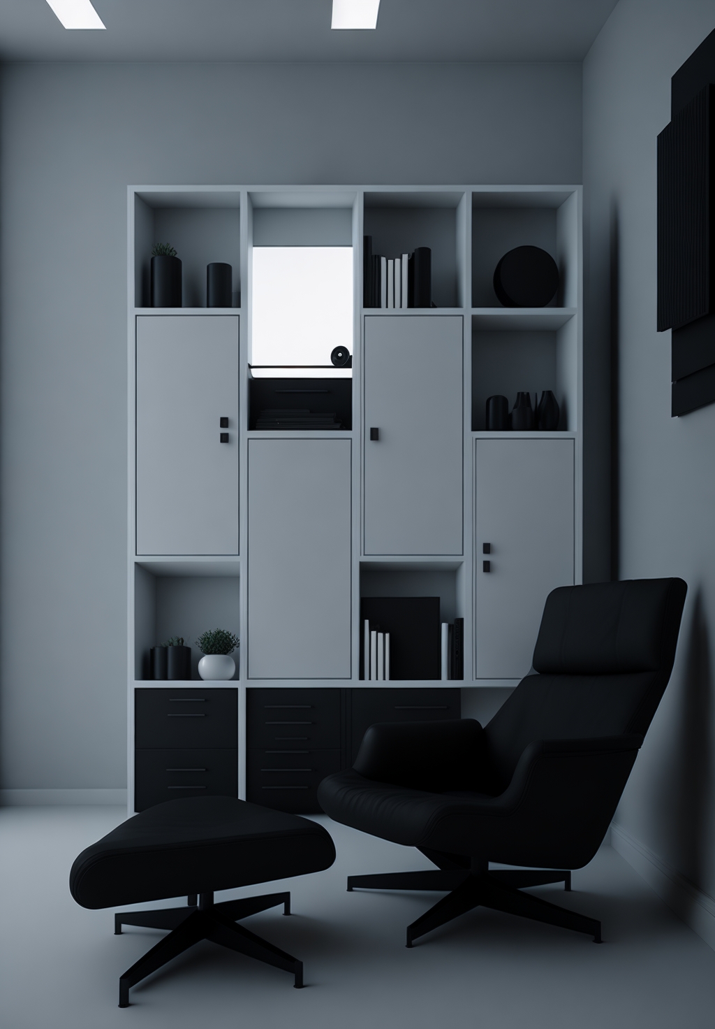 Custom Modular Storage Unit and Reading Corner with Modern Chair Modern custom modular shelving unit and cabinet system in grey and white, next to a black ergonomic reading chair and ottoman, showcasing tailored home storage solutions.