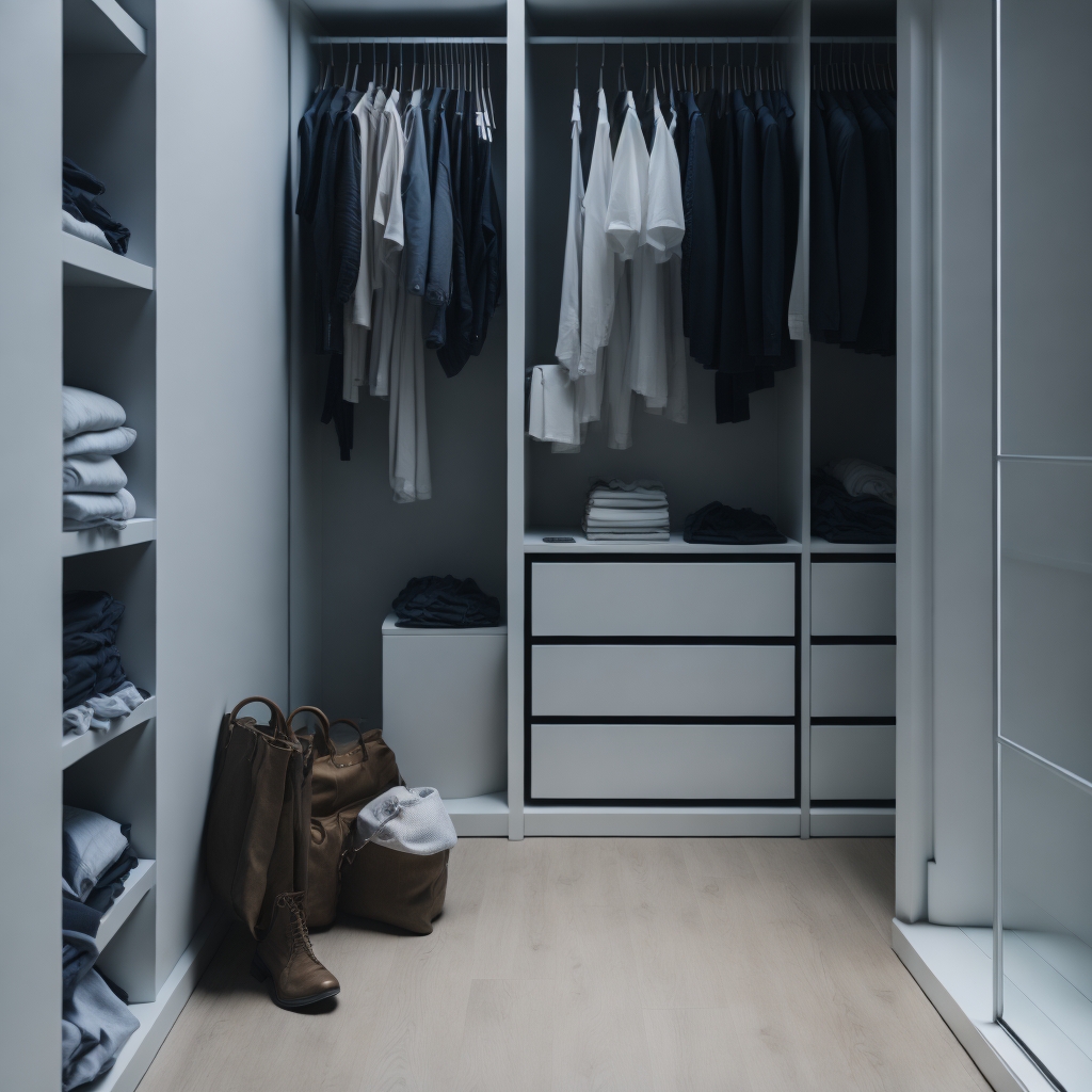Modern custom walk-in closet featuring modular open shelving, built-in drawers, and light wood flooring for optimal bedroom organization and storage.