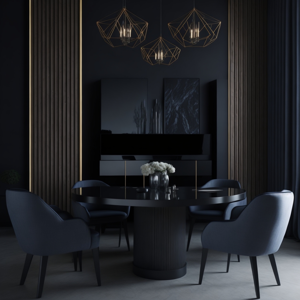 Luxury dark dining room interior featuring black velvet chairs, a round black table, custom wood slat wall paneling with gold accents, and geometric brass chandeliers.