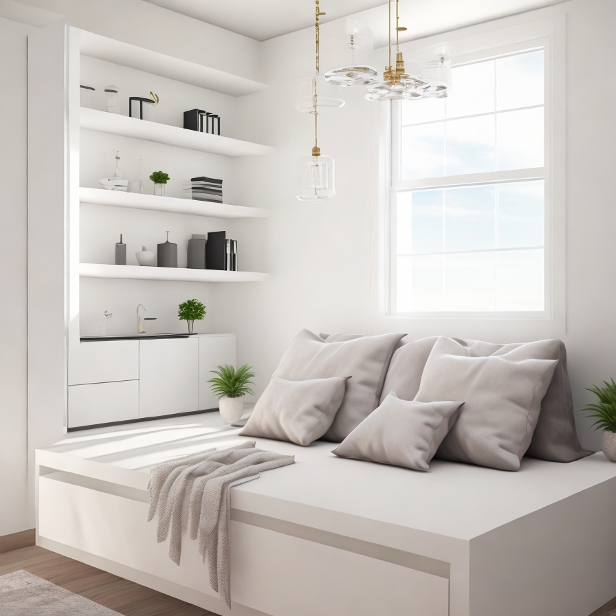 Minimalist Daybed and Built-in Storage Shelves for Small Spaces Bright, minimalist bedroom or reading nook featuring a white built-in daybed, floating shelves, and an elegant pendant light, optimized for small apartment living.