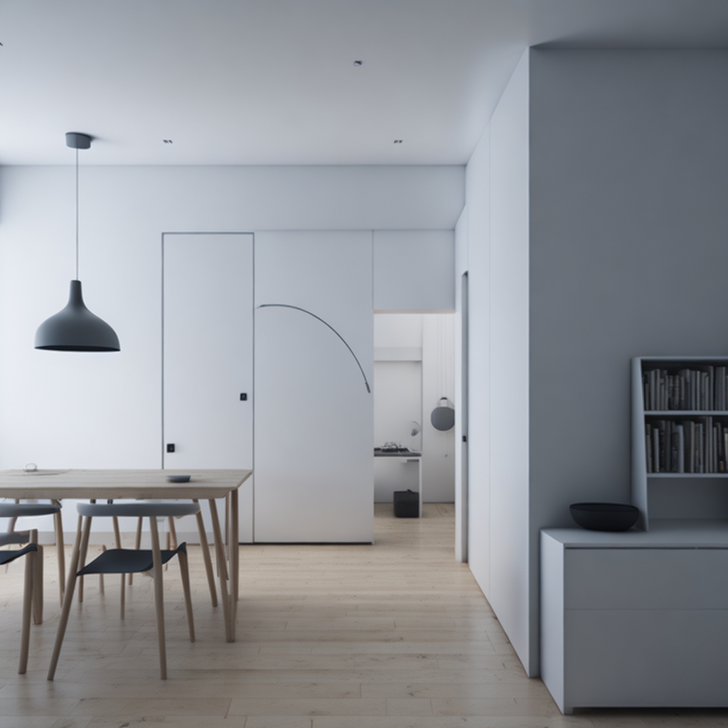 Sleek minimalist apartment interior design featuring white walls, light wood flooring, a simple dining set, and unique arch-detail hidden doors for a seamless look.