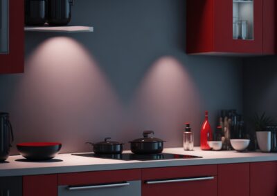 Compact modern kitchen design featuring bold red glossy handleless cabinets, stainless steel range hood, and integrated lighting for a vibrant interior remodeling project.