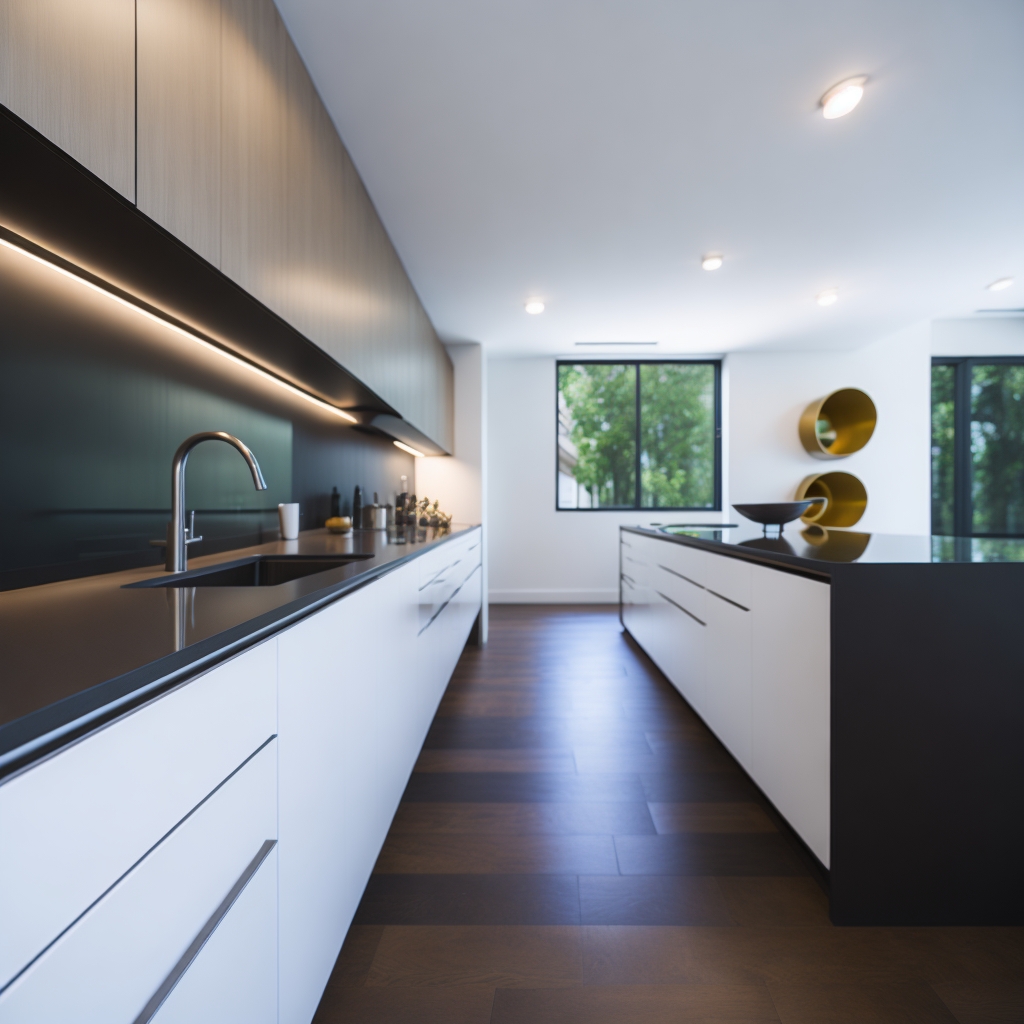 Sleek Minimalist Kitchen Remodel with Black Countertop Long minimalist kitchen featuring white lower cabinets, black countertop, subtle LED strip lighting under the upper cabinets, and dark wood flooring.