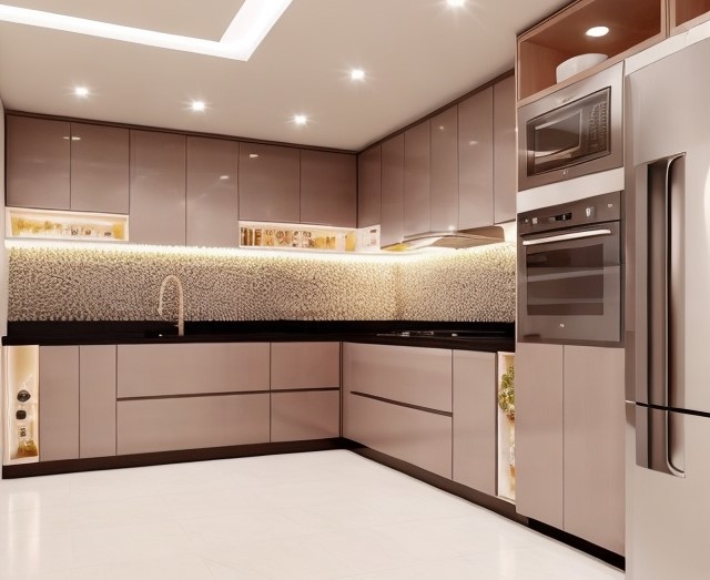 Modern illuminated kitchen with refigerator and dishwater