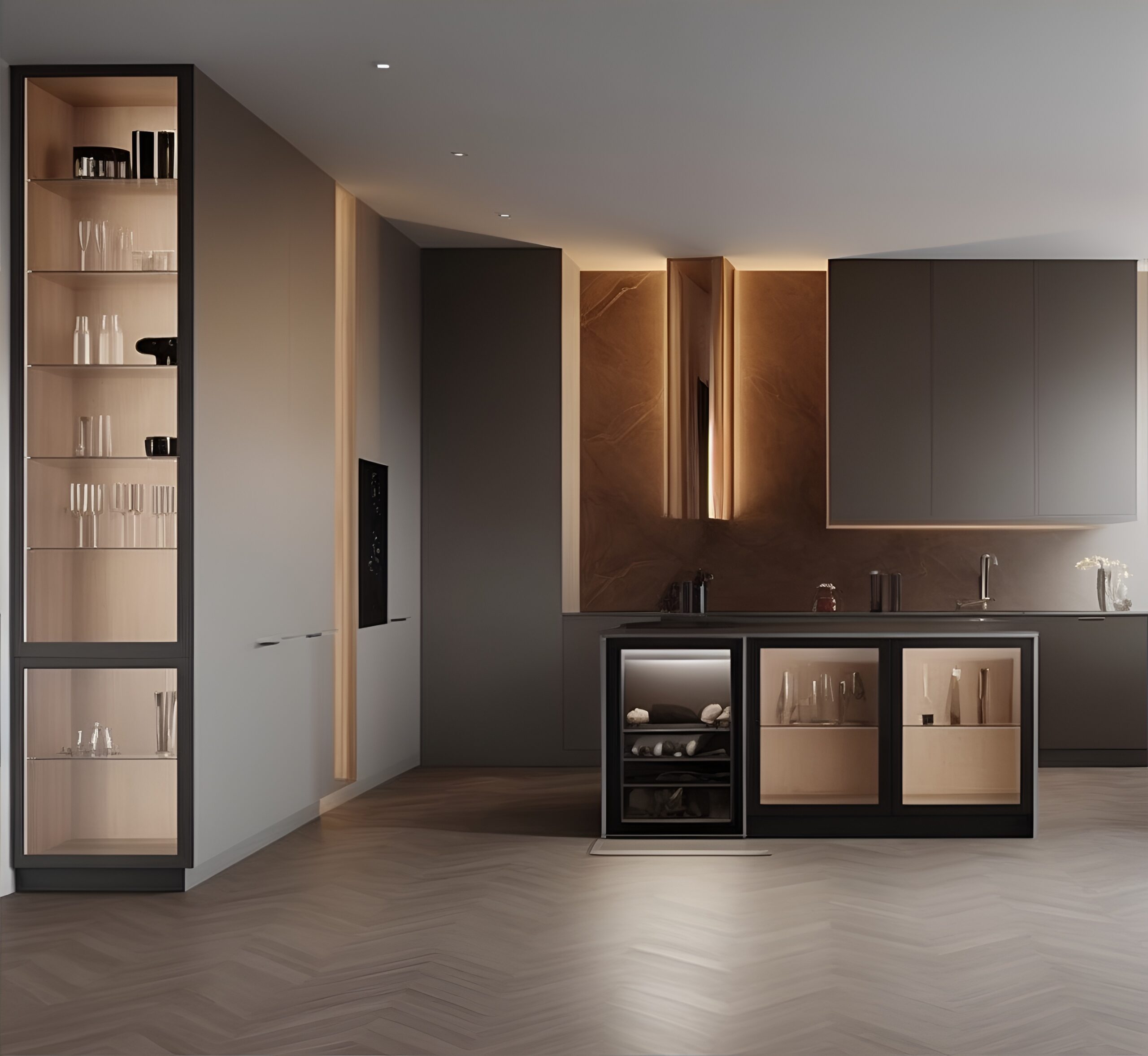 modern-illuminated-kitchen Modern illuminated kitchen with shelves
