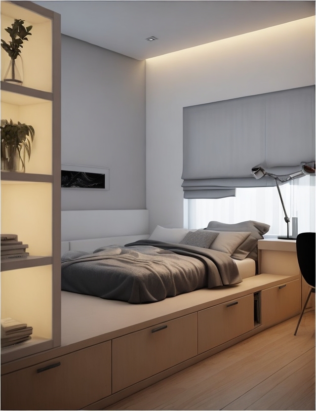 Space-saving modern bedroom featuring a custom low platform bed with drawer storage, integrated lighting strip, and a tall illuminated shelving unit for a cozy, efficient interior.