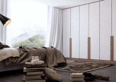 Modern bedroom interior featuring a floor-to-ceiling white integrated wardrobe with subtle wood handles, large windows, and a minimalist bed setup, highlighting custom storage solutions.