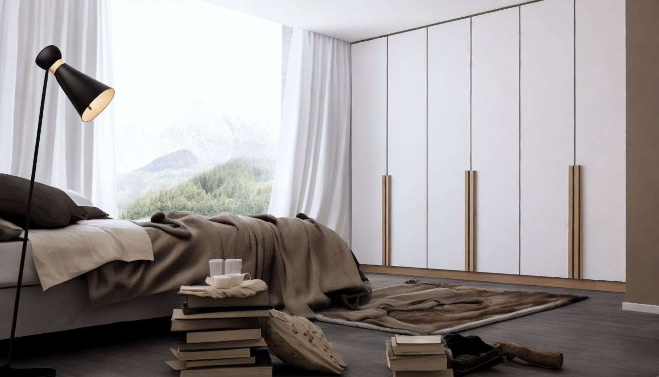 Custom Integrated Wardrobe Design for Modern Bedroom Storage Modern bedroom interior featuring a floor-to-ceiling white integrated wardrobe with subtle wood handles, large windows, and a minimalist bed setup, highlighting custom storage solutions.