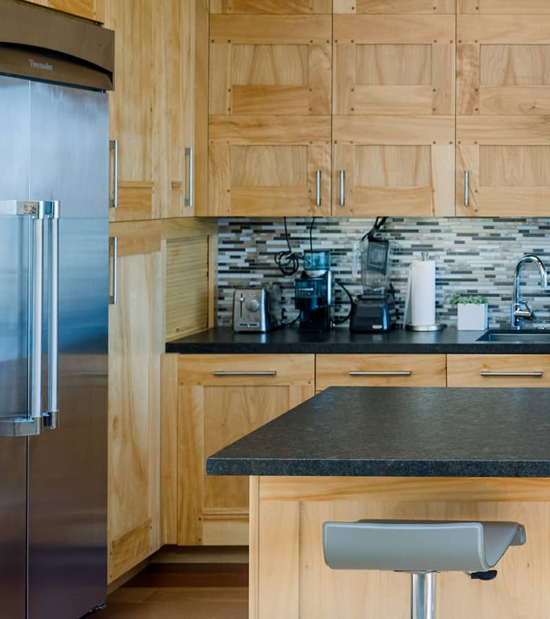 kitchen_with_wooden_shelves Kitchen with wooden shelves and a porcelain finish