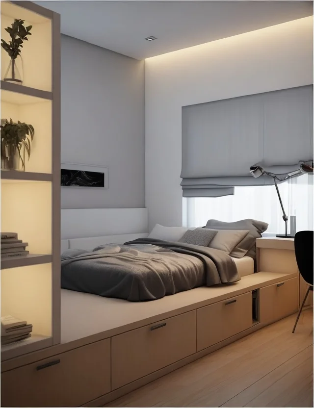 bedroom_01 Room with bed, shelf with flower pots and a group of compartments underneath it