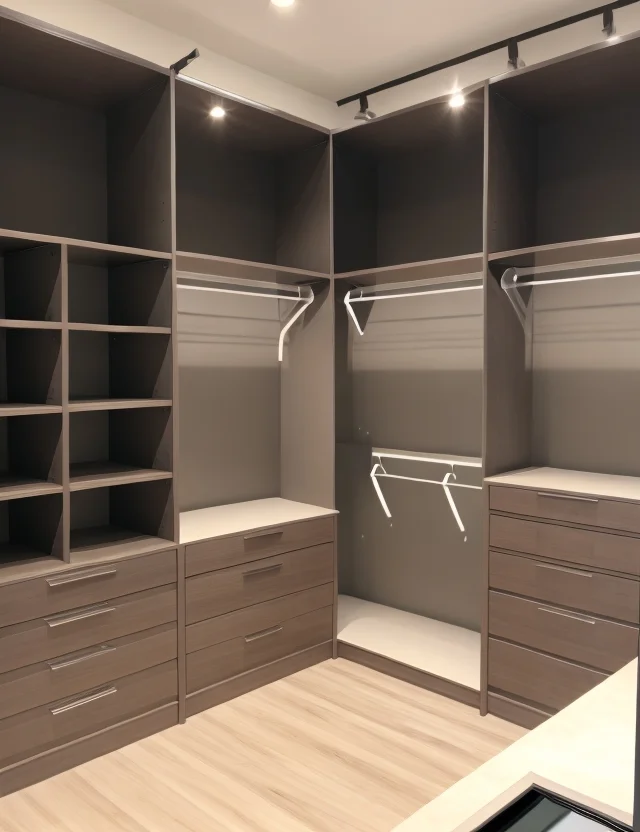 A view of the corner of an empty modern walk-in closet or dressing room. The custom storage system features dark brown wood laminate cabinetry with multiple open shelves, deep drawers, and two tiers of chrome hanging rods. The closet is illuminated by track lighting mounted on the ceiling and has light wood flooring.