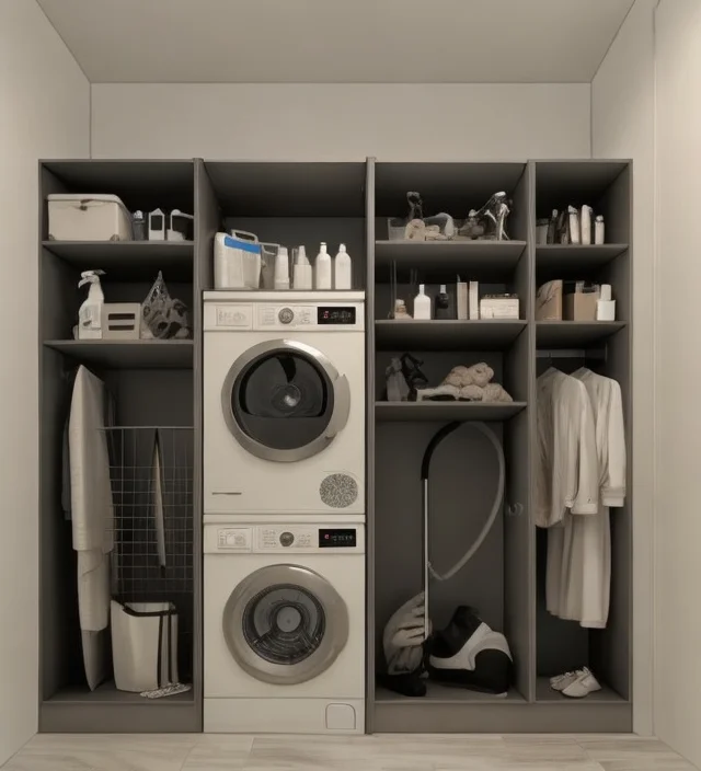 A functional and minimalist laundry closet or utility room with custom gray cabinetry and open shelving. The design features a stacked washer and dryer in the center, flanked by deep shelves organized with laundry supplies, cleaning products, a vacuum cleaner, and hanging space for clothes. The walls are light gray, and the floor is a matching light tile.