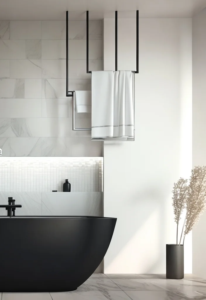 High-end minimalist bathroom featuring a sleek freestanding black bathtub, large format marble-look wall tiles, and a unique ceiling-mounted black metal towel rack, emphasizing modern luxury.