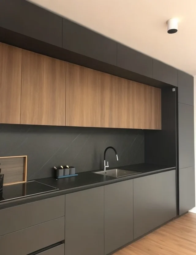 A contemporary galley kitchen featuring a seamless design with matte dark gray or black base cabinets and upper cabinets finished in a warm walnut wood veneer. It includes a sleek black countertop, a matching dark backsplash with a subtle diagonal pattern, an integrated sink with a gooseneck faucet, and an induction cooktop. The floor is light wood.