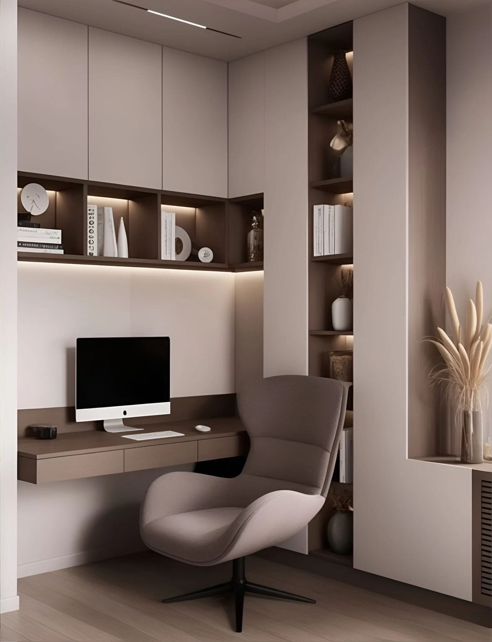 Contemporary home office with integrated desk, floating shelves, ambient lighting, and ergonomic chair