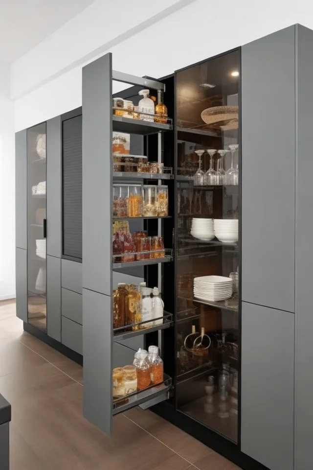 A close-up view of a modern kitchen wall unit featuring integrated storage solutions. The central cabinet is a tall, narrow pull-out pantry (tandem unit) filled with spices, jars, and bottles. Flanking it are tall cabinets with smoked glass doors, revealing internal shelving stocked with glassware and white dishes. All cabinets have a matte gray finish and stand on light wood flooring.