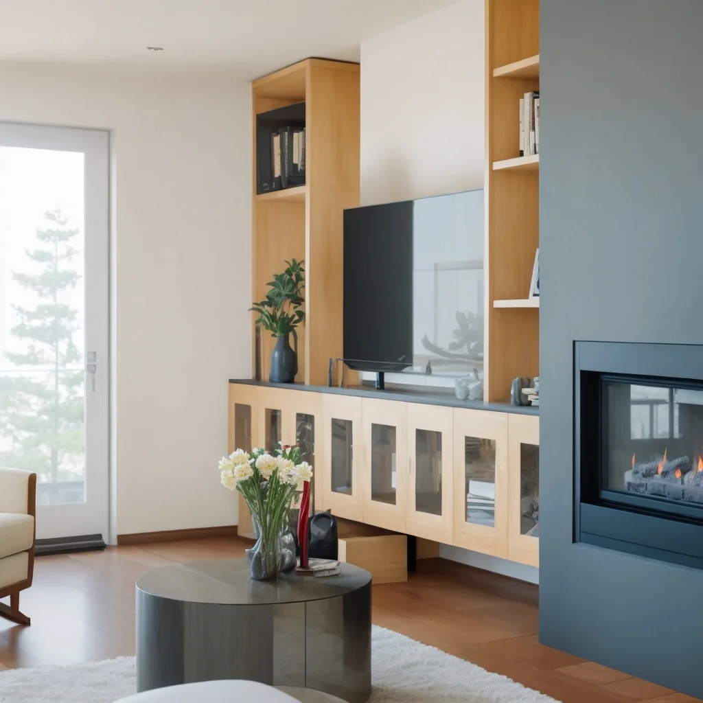 Modern living room featuring a custom-made built-in TV unit and shelving in light wood and a dark countertop. The space includes a large TV, a gas fireplace recessed into a dark gray wall, a round coffee table with white flowers, and a glass door leading to the exterior.