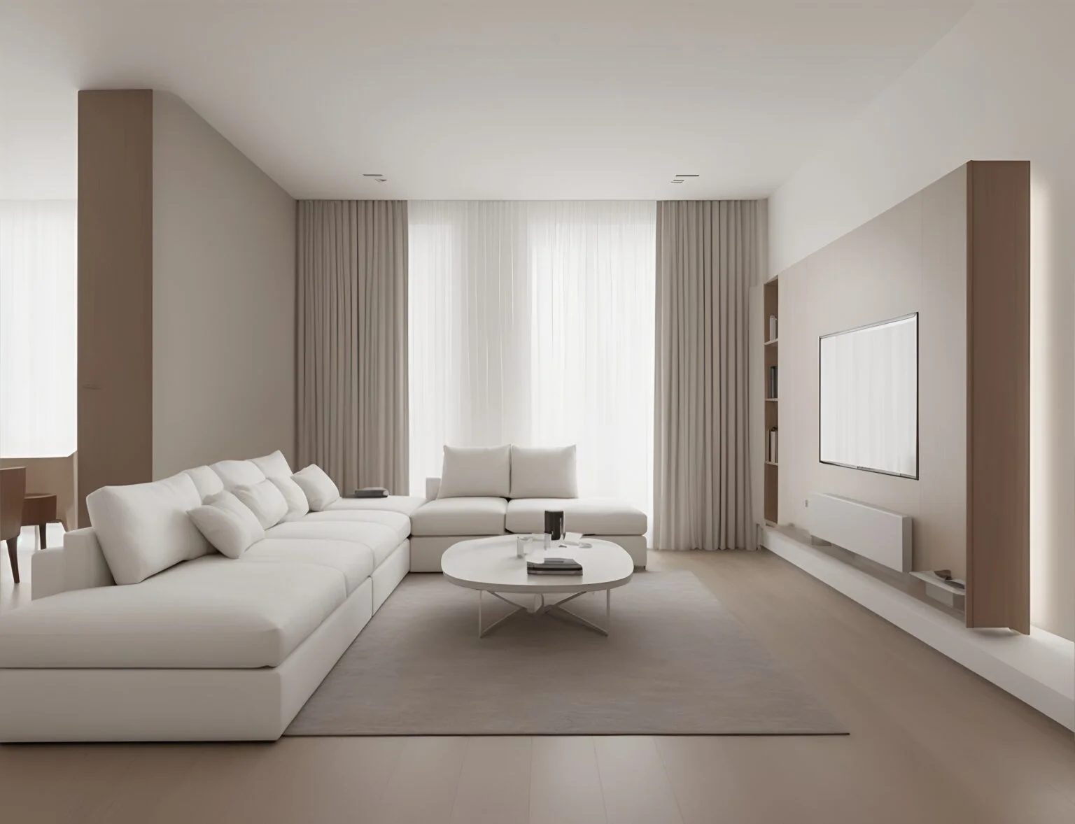 Spacious modern living room featuring a large off-white sectional sofa, minimalist coffee table, built-in media console, and recessed strip lighting, emphasizing a neutral color palette and clean design.
