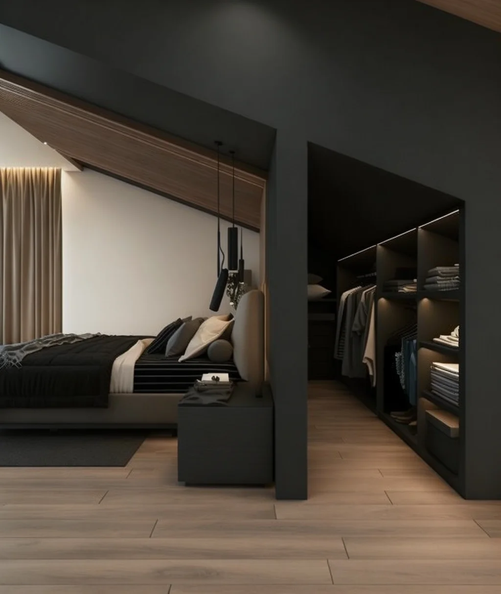 A dark, modern bedroom located in an attic space, featuring a steeply sloping ceiling clad in warm wood panels. The room includes a bed with dark bedding and a beige headboard, and a built-in, open walk-in closet integrated into a dark gray partition wall. The closet features internal lighting, and the room has light wood flooring and a large curtained window.
