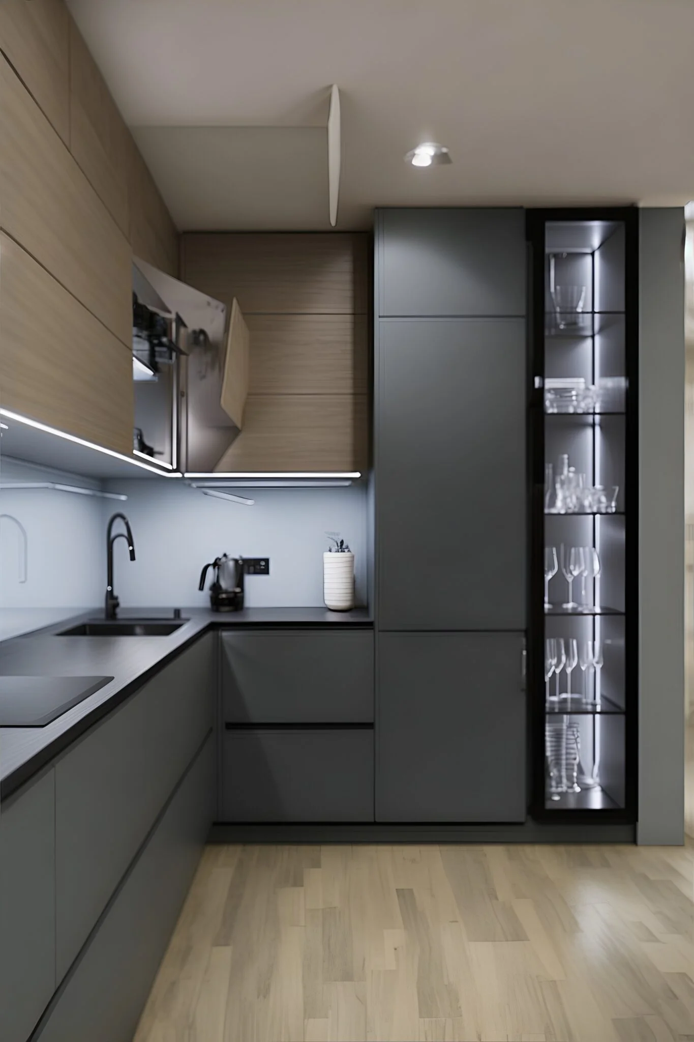 projects_showcased_03 Modern gray kitchen with wooden compartments