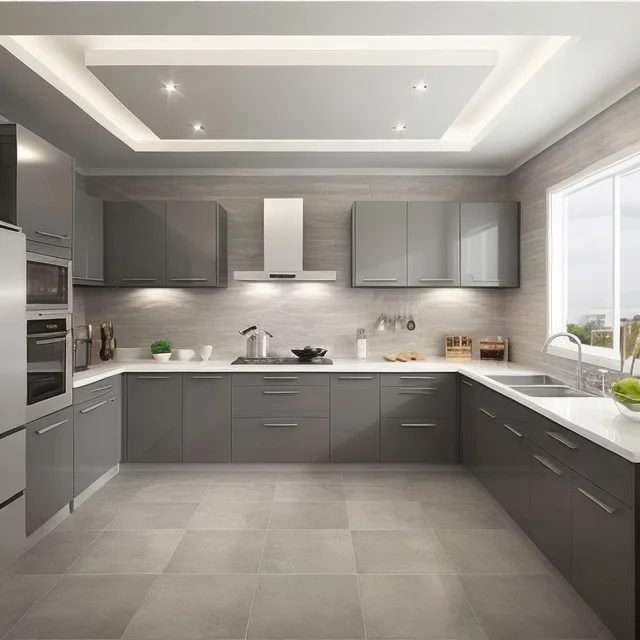 U-Shaped Gray High-Gloss Kitchen with Recessed Lighting and Coffered Ceiling