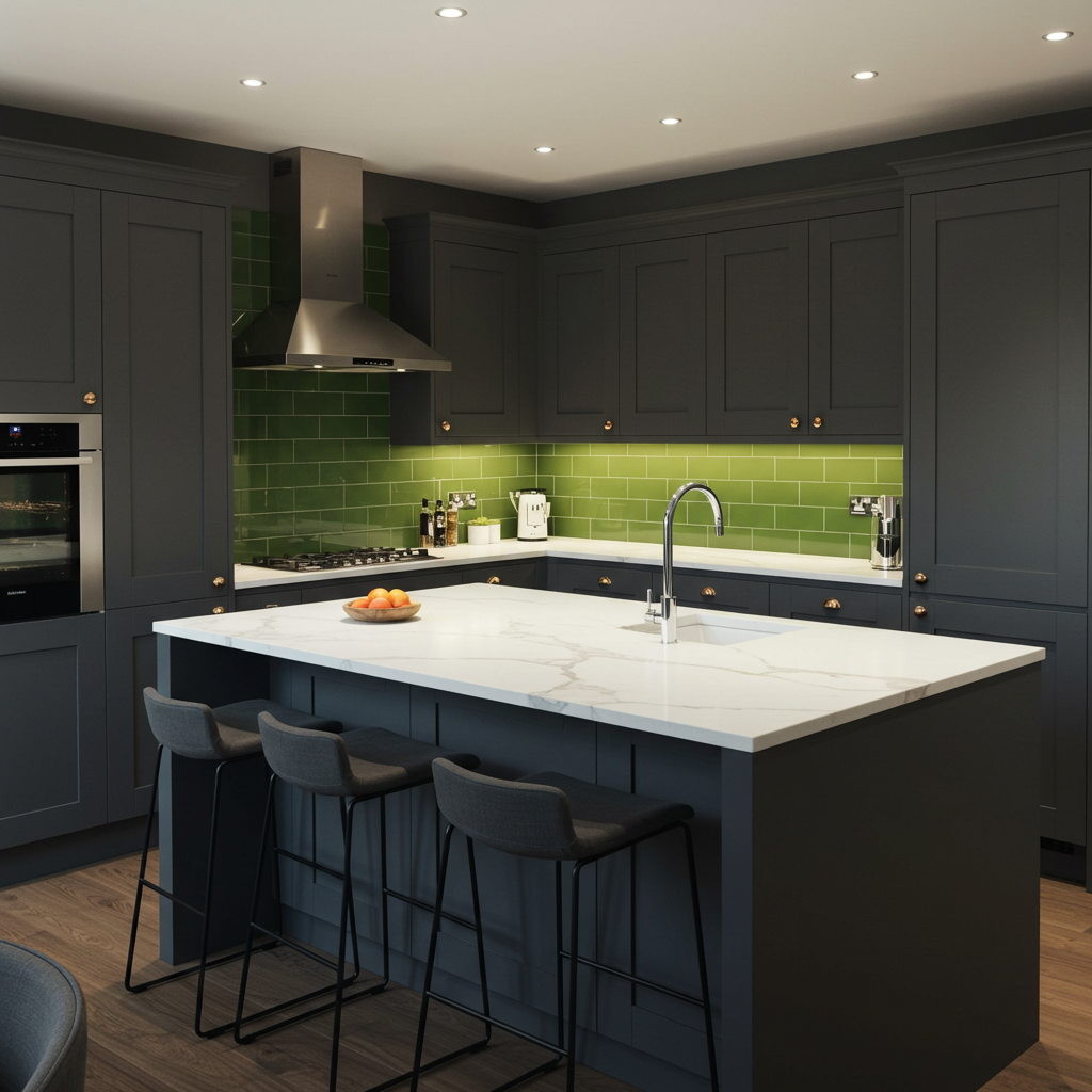 A modern kitchen featuring dark charcoal gray shaker-style cabinets with gold hardware. The kitchen island has a thick white marble-look countertop and includes seating for three gray upholstered barstools. The backsplash is a vibrant, glossy green subway tile, illuminated by under-cabinet lighting. A stainless steel range hood and dark wood flooring complete the contemporary look.