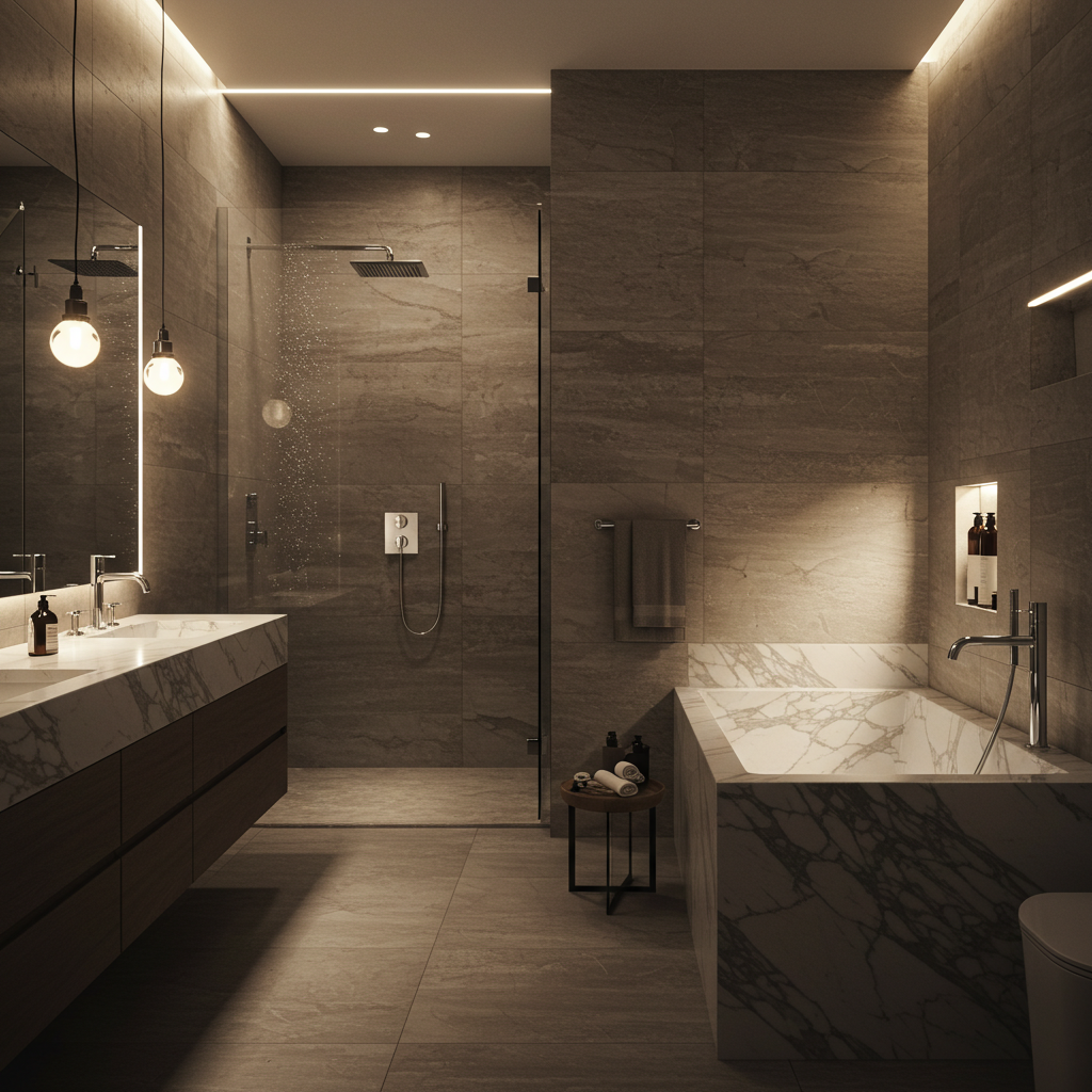 A luxurious and modern bathroom at night with soft ambient lighting. It features a spacious walk-in shower with a glass partition, a freestanding rectangular bathtub clad in white and grey marble, and a double vanity with a marble countertop and dark wood cabinetry. The walls and floor are covered in light grey textured tiles. Overhead and around the mirror, strip lighting provides a warm glow, complemented by two exposed bulb pendant lights above the vanity.