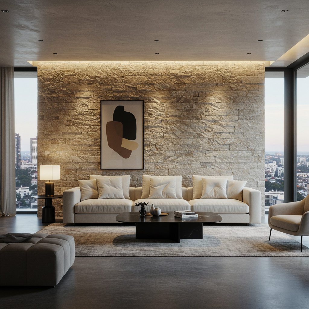 A sophisticated modern living room featuring a stacked stone accent wall illuminated by warm cove lighting. A large, off-white modular sofa sits against the wall, centered beneath a framed abstract artwork. The room has large floor-to-ceiling windows offering a panoramic city view, a dark marble-top coffee table, a textured rug, and a concrete-style floor.
