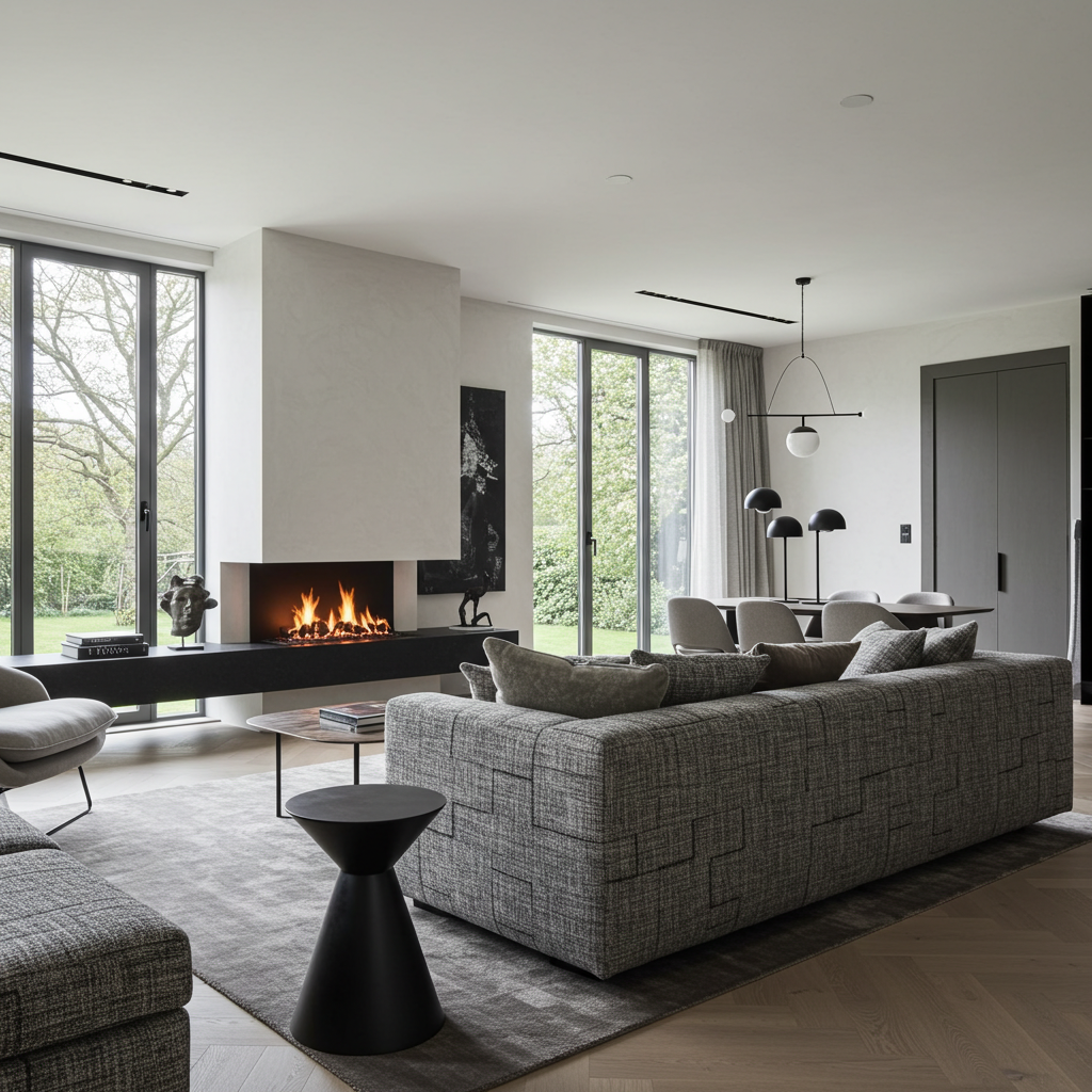 A bright, contemporary open-plan living and dining space. The living area features a textured gray fabric sofa and a freestanding, modern gas fireplace set into a white partial wall. Large, dark-framed windows and glass doors provide extensive views of the surrounding greenery. The dining area is visible behind the sofa, featuring a dark table and chairs, illuminated by modern pendant lights.