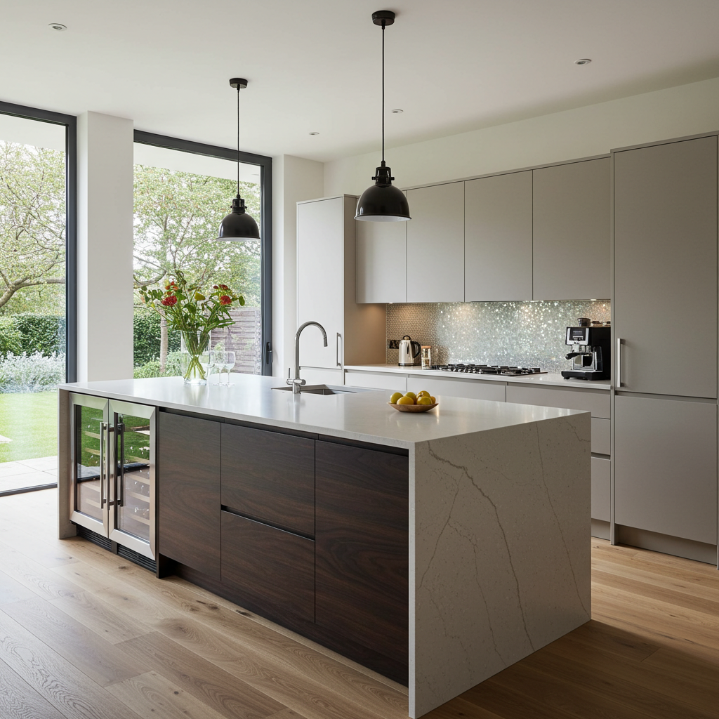A bright, high-end contemporary kitchen featuring light oak wood flooring. The walls are lined with handleless light gray cabinetry. A large kitchen island dominates the center, featuring a white waterfall countertop with light veining, dark wood base cabinets, an integrated wine cooler, and a sink with a modern faucet. The backsplash behind the hob is a shimmering mosaic tile. Floor-to-ceiling windows on the left offer a clear view of a green garden.