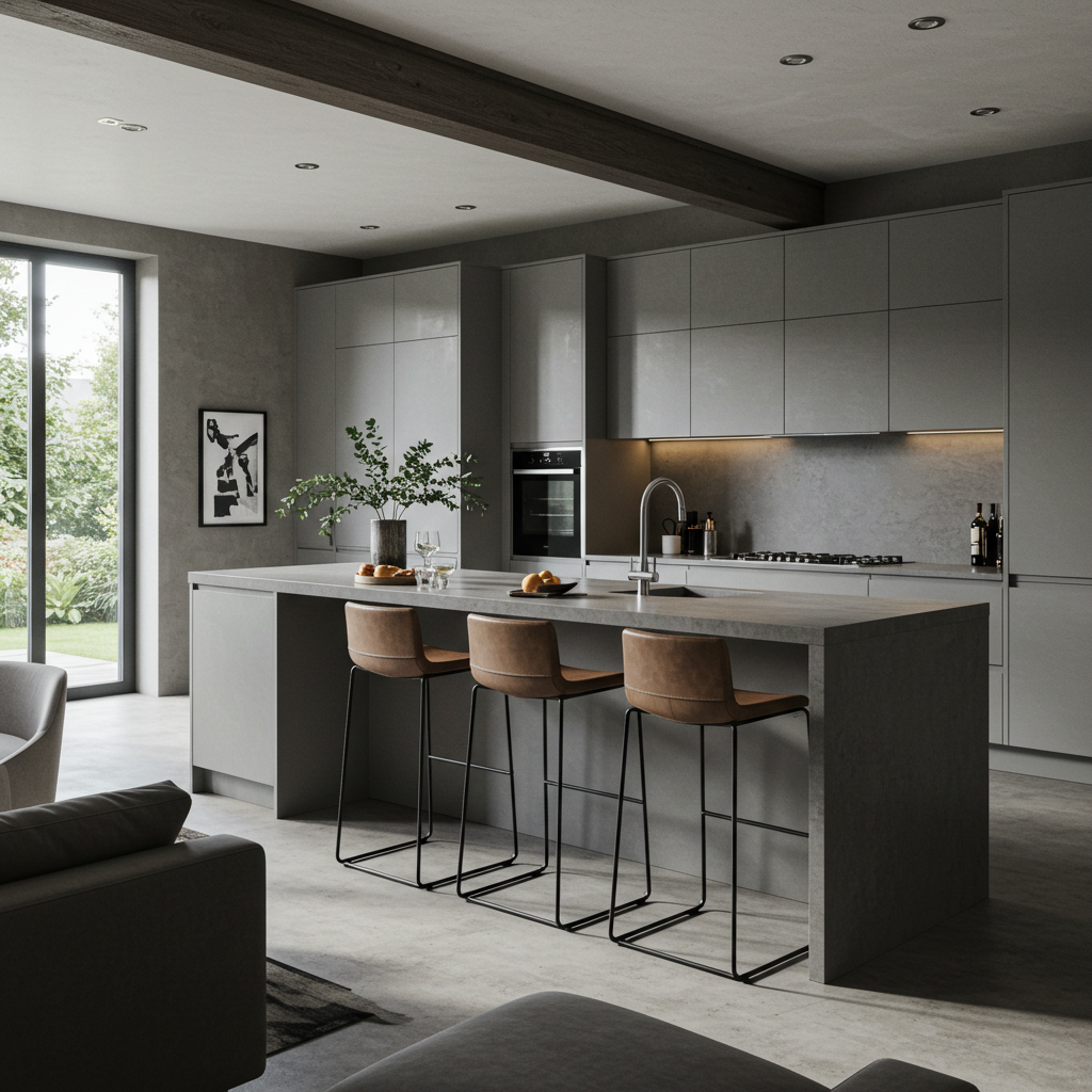A contemporary, open-plan kitchen featuring high-gloss, handleless gray cabinets and a matching gray waterfall island with seating for three on tan leather and black metal bar stools. The kitchen has a built-in oven, gas hob, and is defined by a dark industrial ceiling beam. A large glass door provides natural light and a view of the garden, while the walls have a subtle concrete texture.