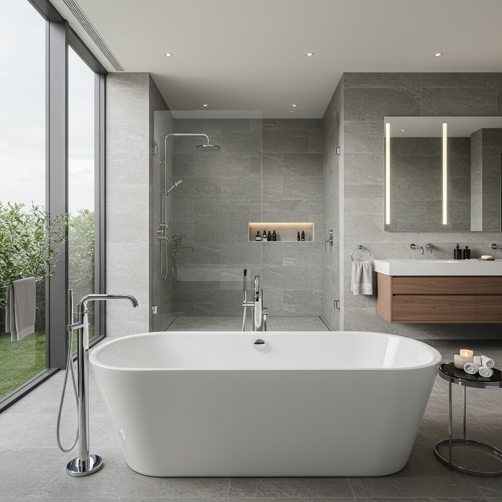 A contemporary bathroom featuring floor-to-ceiling gray stone-look tiles and a large white freestanding bathtub with a chrome floor-mounted faucet. To the left, a large window overlooks a small outdoor green area. In the center is a walk-in shower with a glass enclosure and a niche for toiletries. To the right, a floating wooden vanity with an integrated sink is mounted below a backlit mirror.