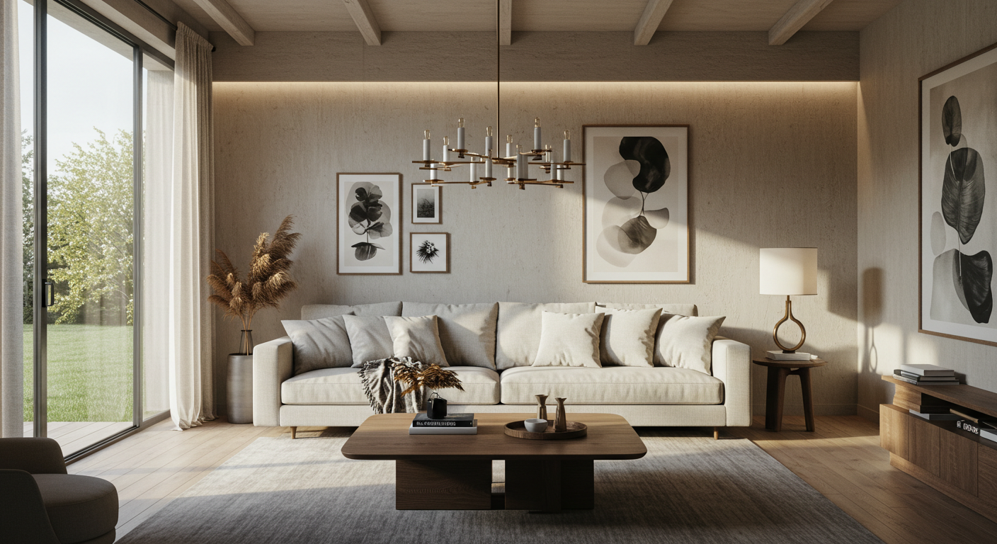 A bright, modern living room decorated in neutral tones. It features a large beige or cream-colored sofa filled with throw pillows, a low dark wood coffee table, and a textured rug. The wall is decorated with a gallery of black and white abstract art, illuminated by a hidden LED strip light. To the left, a large sliding glass door opens to a sunny green garden.