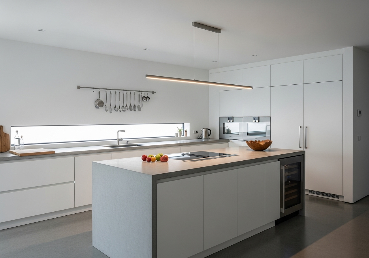 Compact Apartment Kitchen Remodel with White Gloss Cabinets and Wood Counter Modern compact kitchen renovation featuring glossy white handleless cabinets, a natural wood breakfast bar, and white subway tile backsplash, maximizing space in an apartment.
