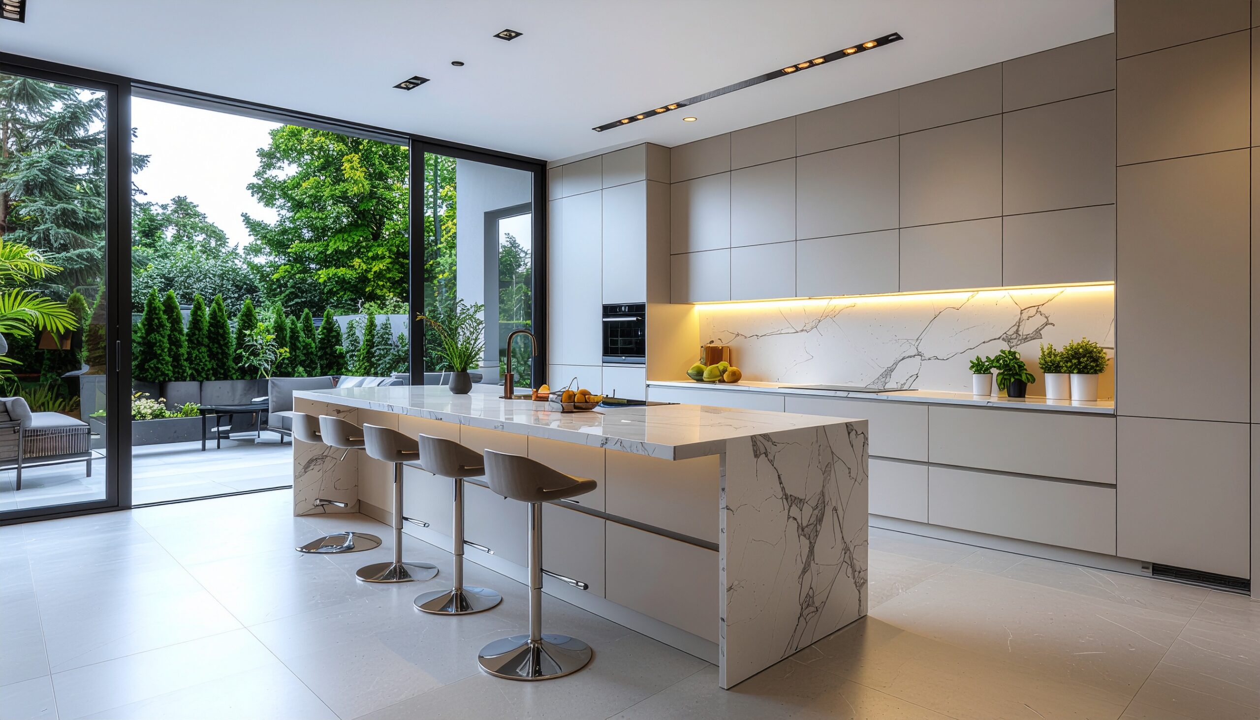 Spacious high-end modern luxury kitchen featuring a waterfall marble island, sleek handleless cabinets, and large sliding glass doors leading to an outdoor patio and garden.