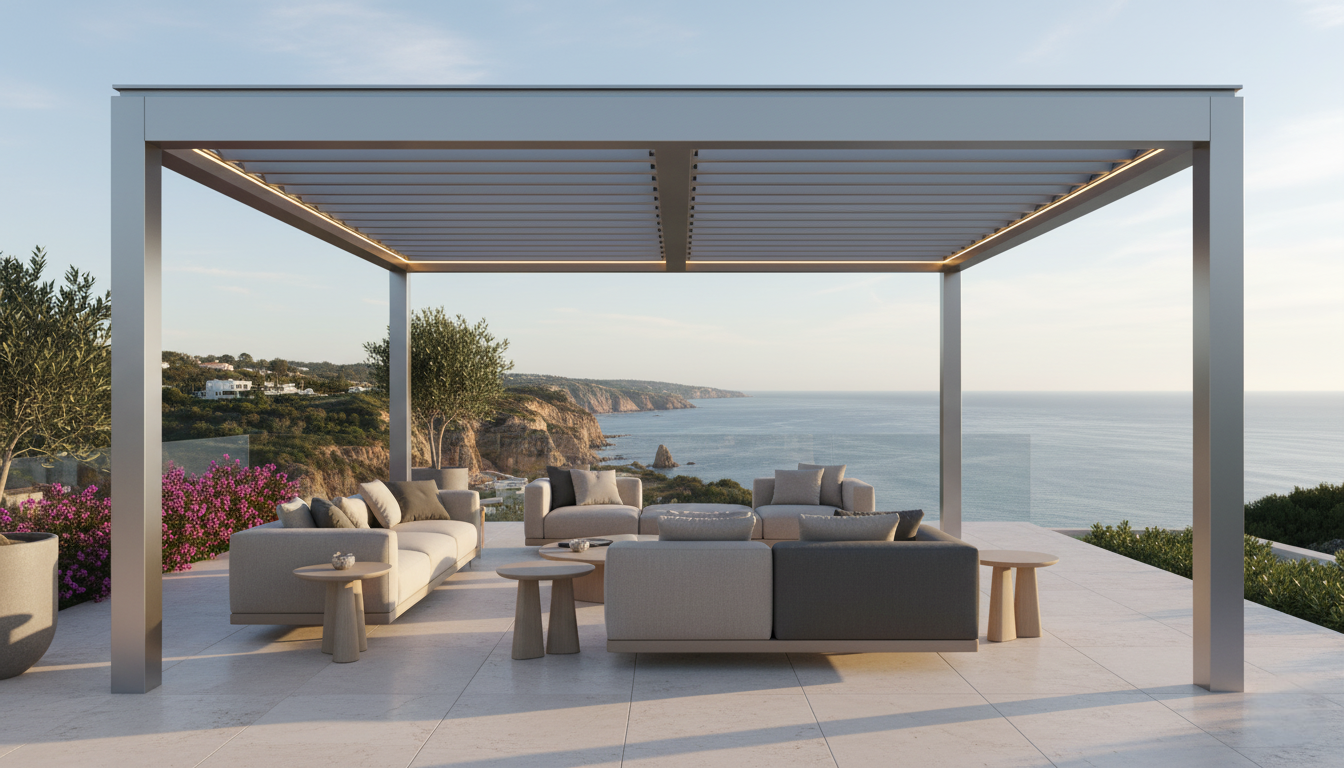 Contemporary aluminum pergola with louvered roof and integrated lighting, covering a luxury outdoor living area with neutral-toned seating and overlooking the ocean and cliffs at sunset.