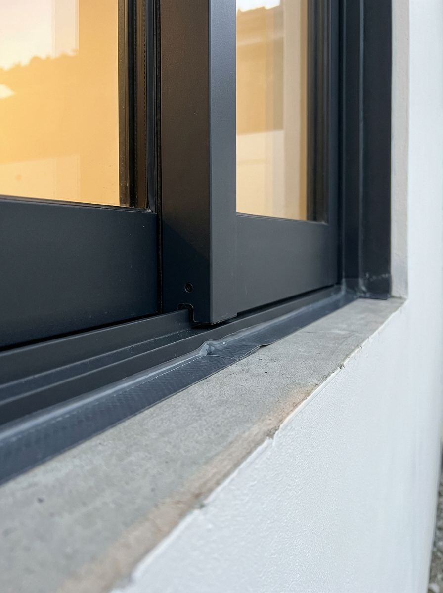 Close-up of a white window during installation, showing a sealing tape (expanding foam tape or membrane) around the side frame against a concrete wall.