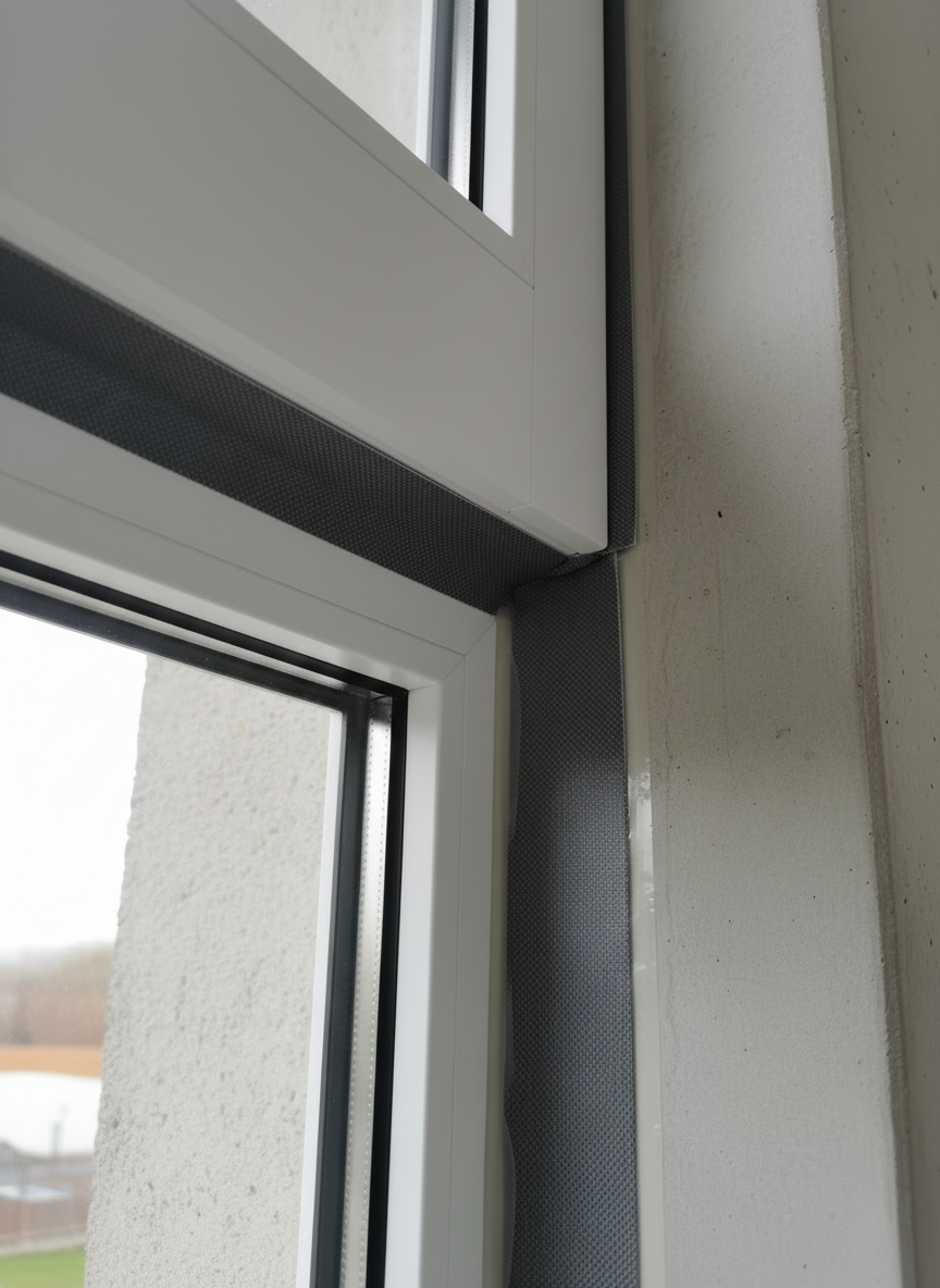 Low-angle close-up of the interior of a white window and laminated wood floor, showing the insulation or sealing layer at the bottom joint and baseboard.