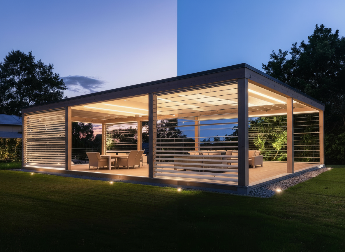 Modern freestanding pergola with integrated LED lighting and adjustable louvered side screens, set on a wooden deck in a garden, providing a fully enclosed and illuminated outdoor dining and lounge area at dusk.
